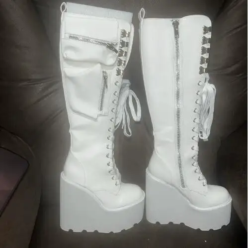 

Punk Women White Soft Leather Round Toe Platform Wedges Pocket Knee High Boots Cross Tied Zipper Side Slim Long Boots Size 47