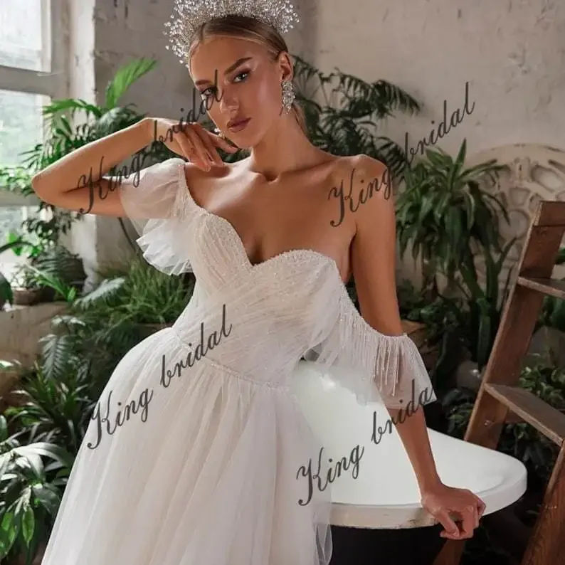 Beaded Bridal Gown Custom Wedding Dress Crystal Embroidered Wedding Gown A-line Tulle Off the Shoulders Wedding Dresses
