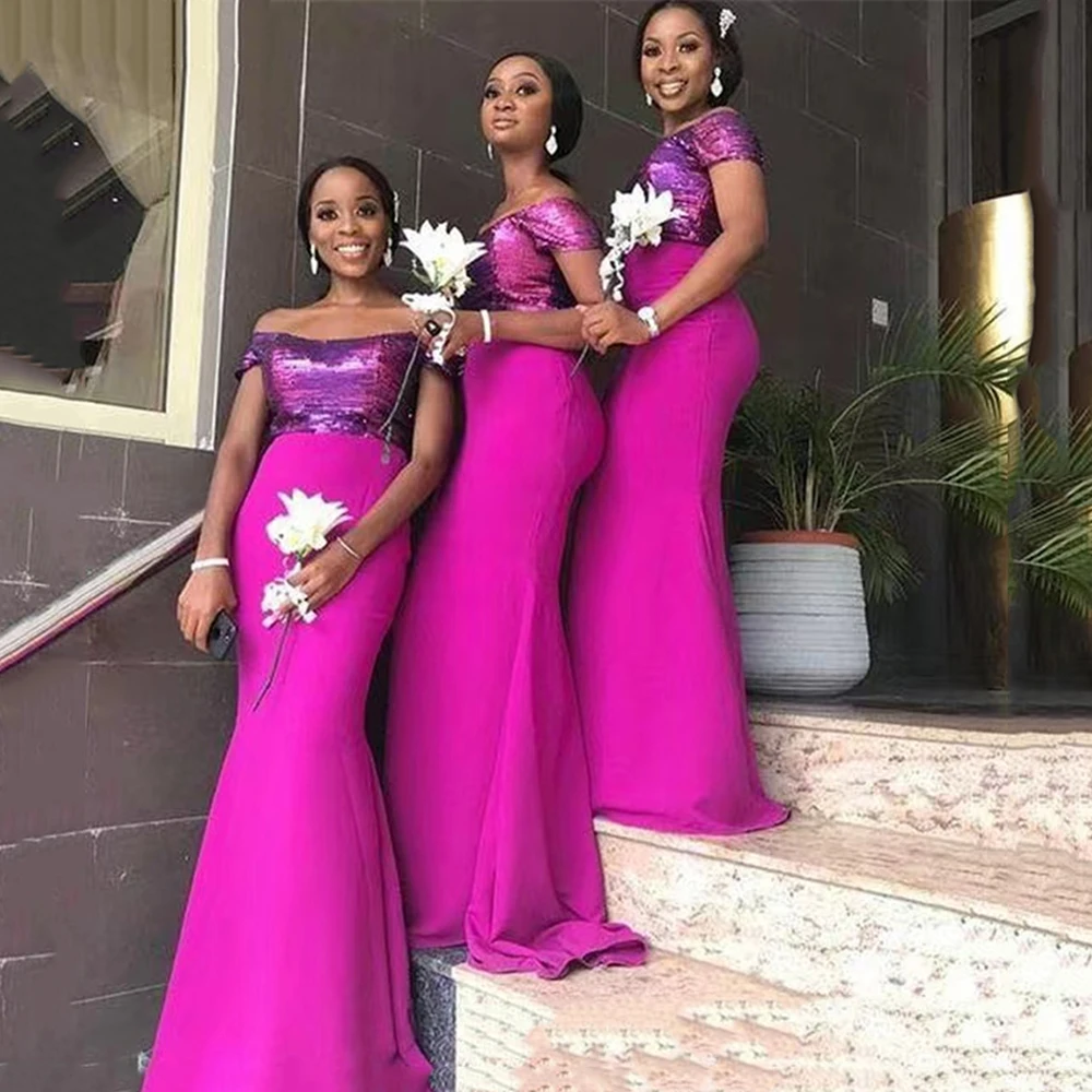 

Angelsbridep Hot Pink Mermaid Bridesmaid Dresses For South African Black Girls Wedding Party Gowns Sequined Boat Neck