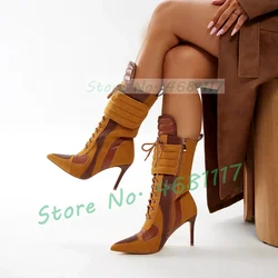 Tan Pointed Toe Mid Calf Boots Women Sexy Patchwork Faux Suede High Heels Shoes Ladies Lace Up Fashion Mixed Colors Biker Boots