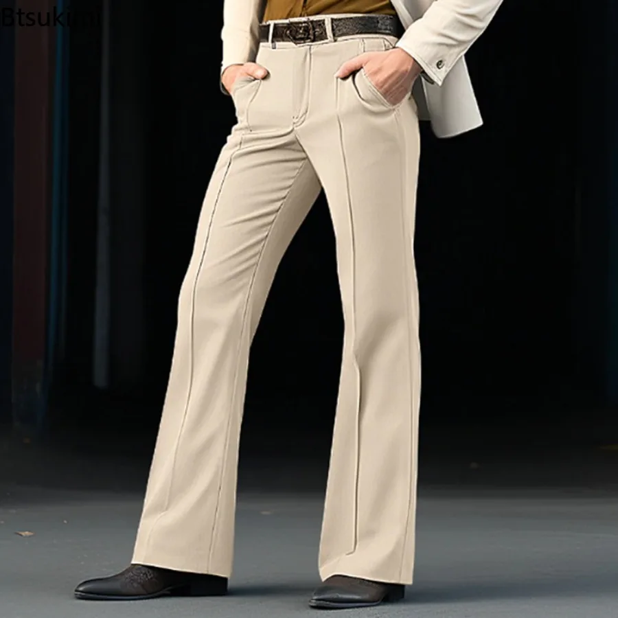 Men's Formal Diagonal Elastic Slim Fit Flared Pants Solid Basic Stretch Trouser Buttons Up Business Pants for Wedding Party Club
