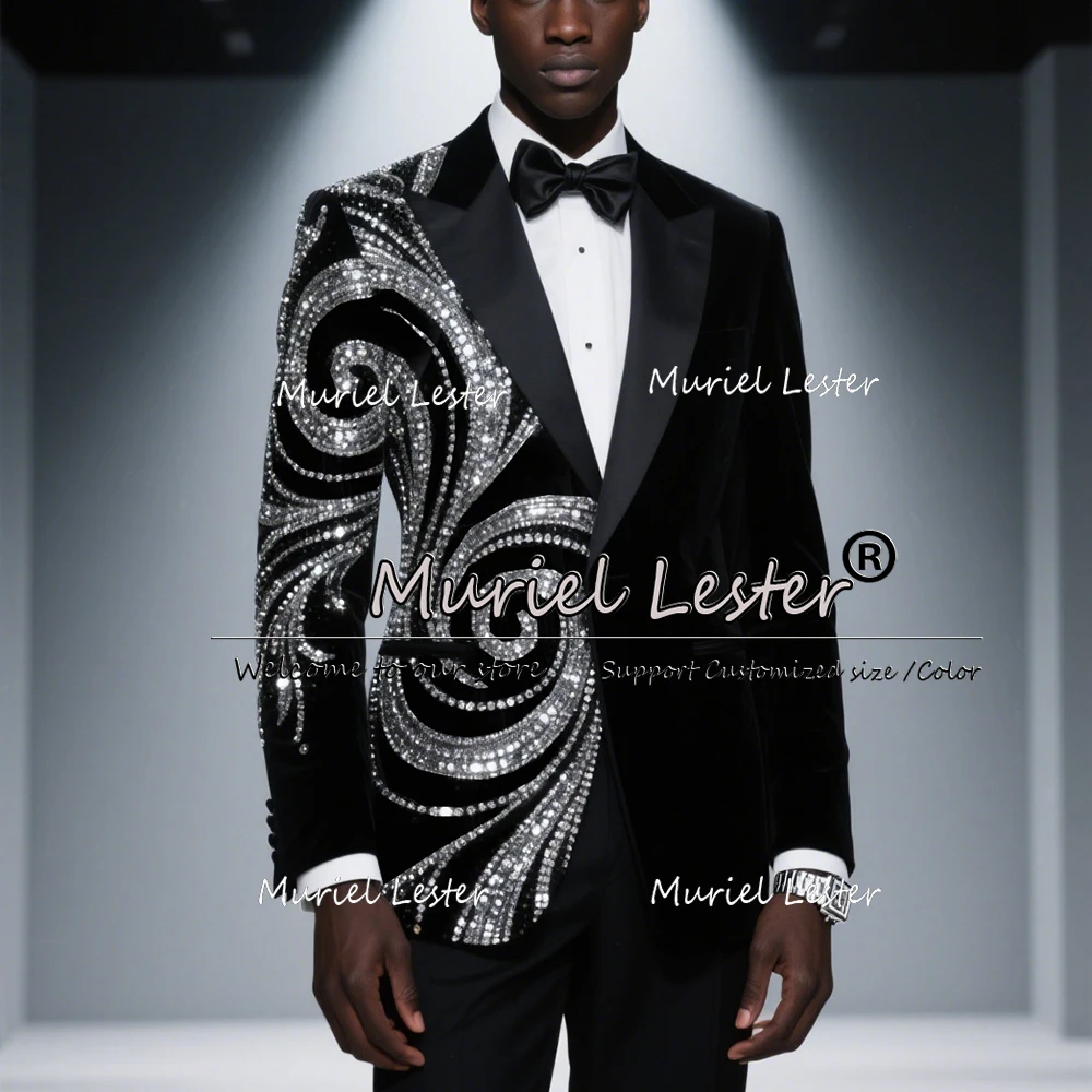 

Exclusive Design Groom Wedding Suits Sliver Beaded Crystals Velvet Prom Blazers Customized 2 Pieces Man Banquet Party Tuxedos
