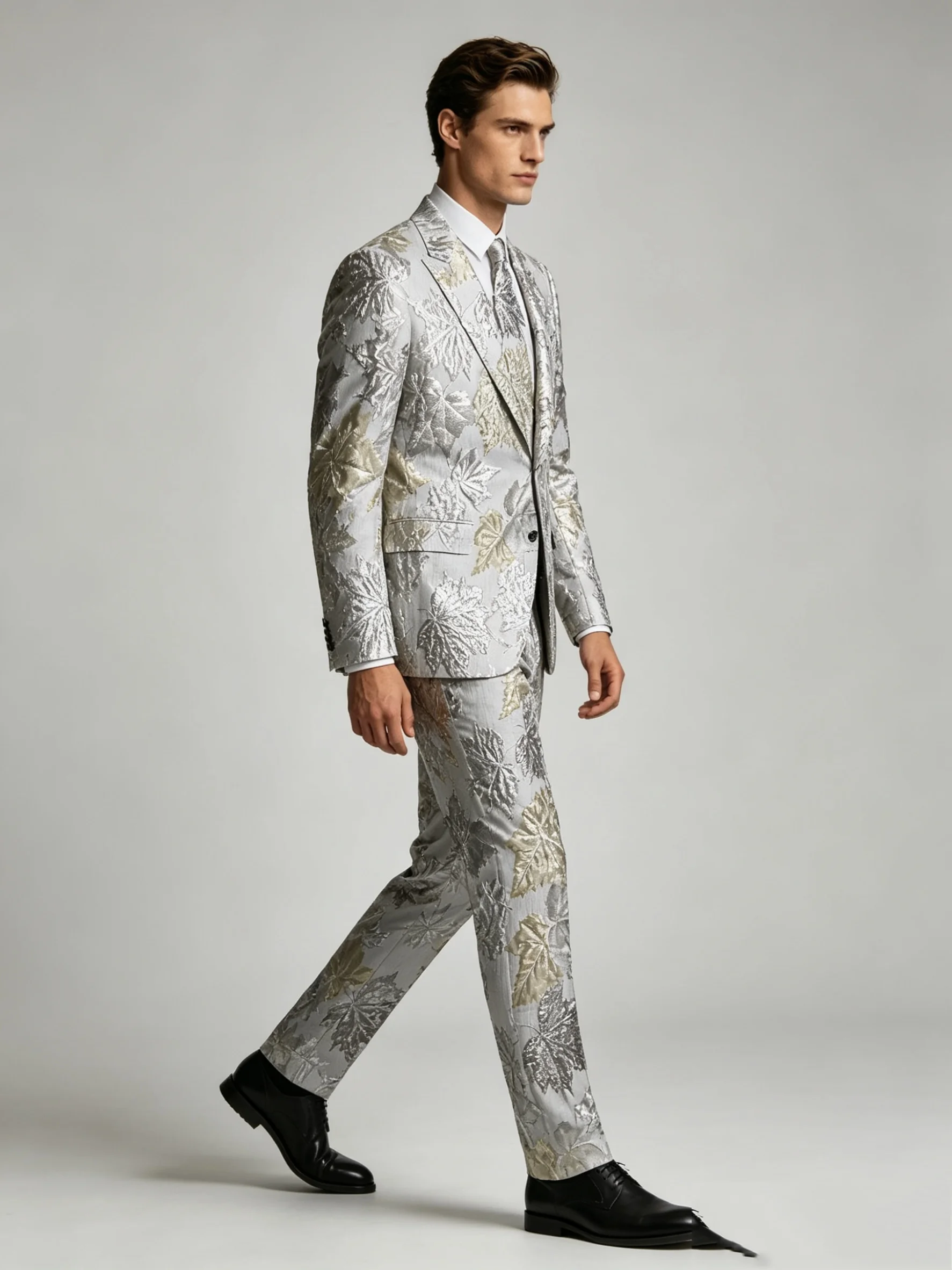 

Silver Jacquard Men Suit Set 2 Piece Blazer+Pants Prom Wedding Tuxedos Coat Customized Formal Office Fashion Groom Jacket