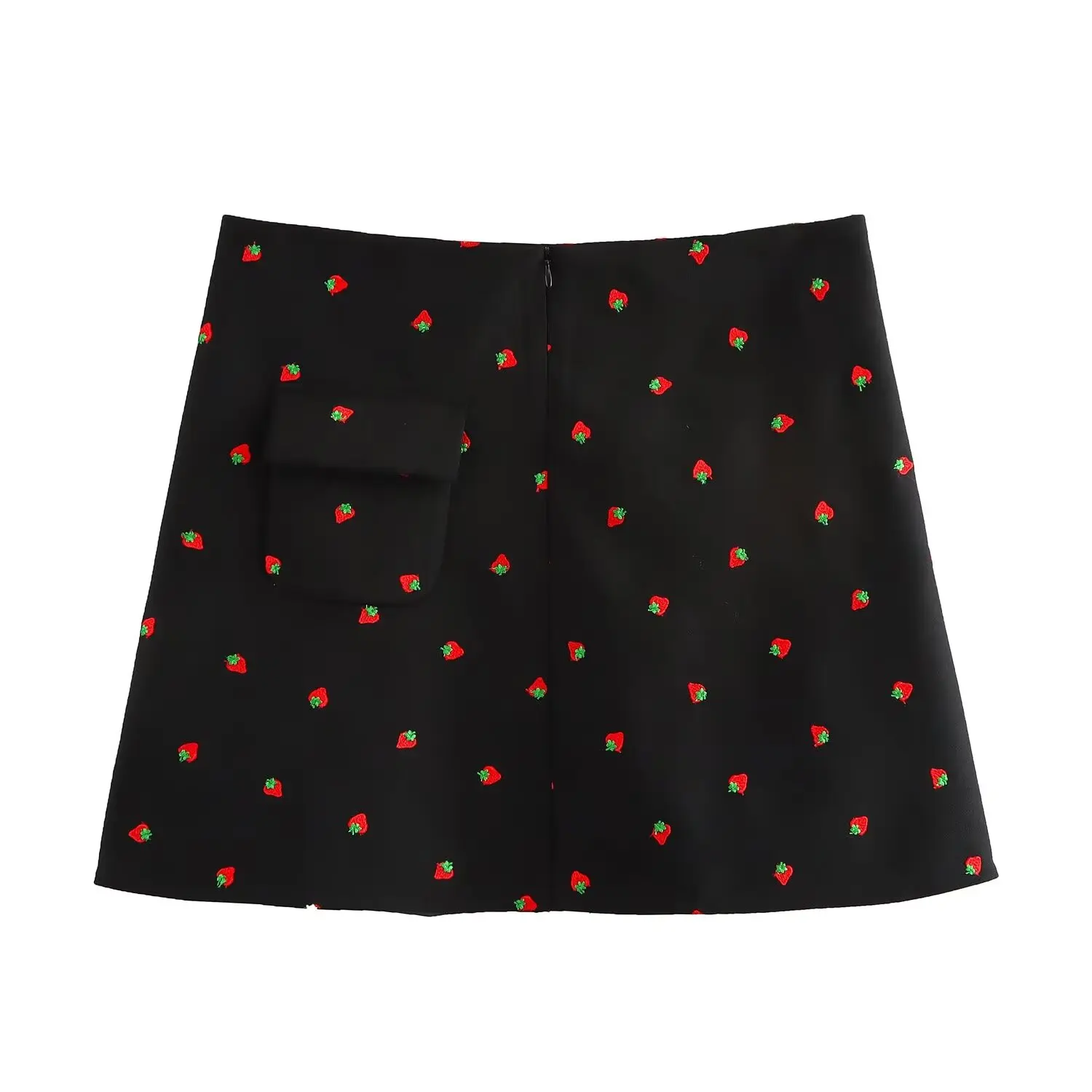 HH TRAF 2024 Summer Woman Chic High Waist Back Zipper Casual Short Skirt Women Fruit Embroidery Pocket Decorate Mini Skirt