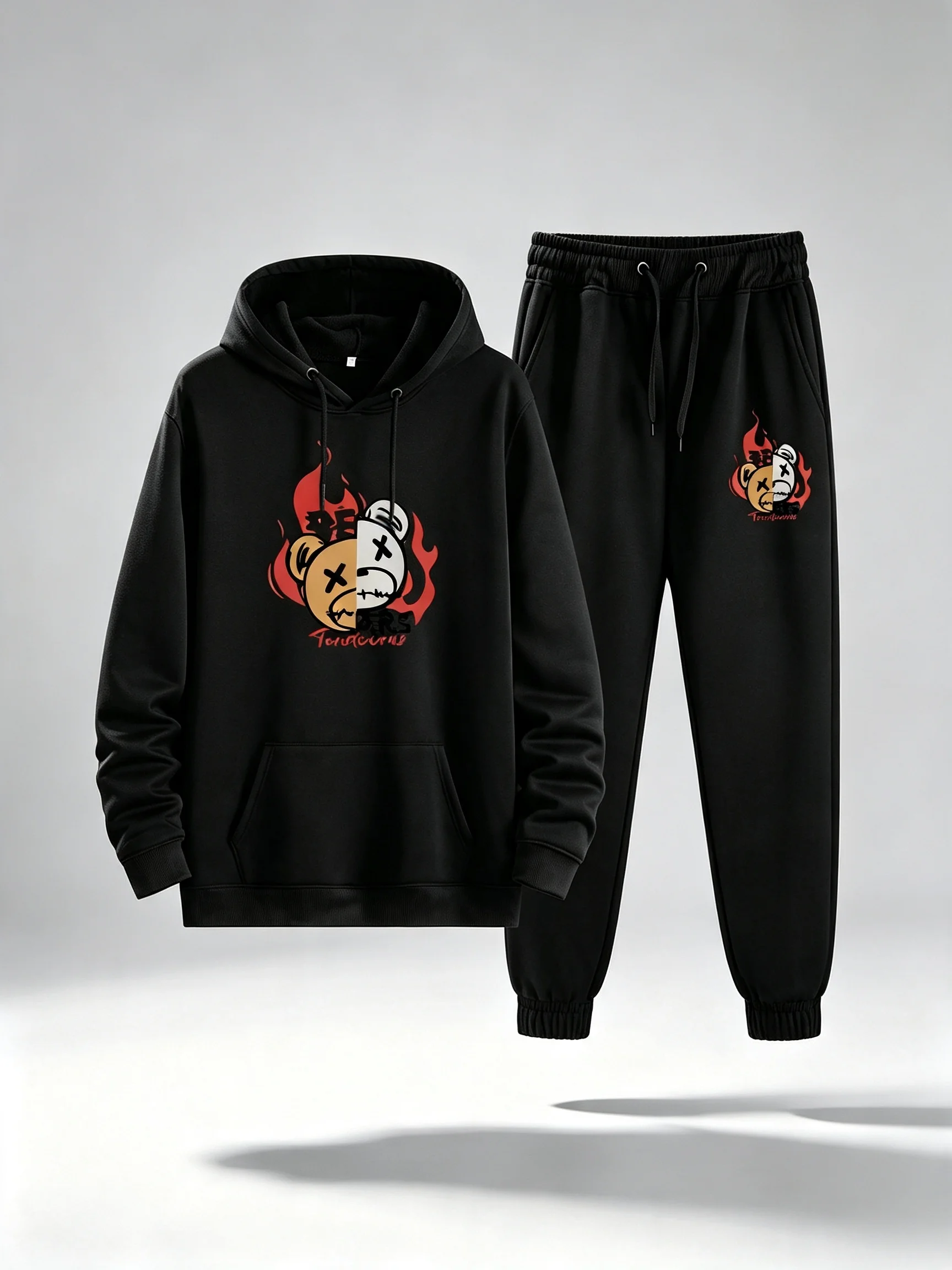 2026 Men's Bear Pattern Hooded Sweatshirt and Jogging Pants Set, Trendy Elasticated Sports Wear