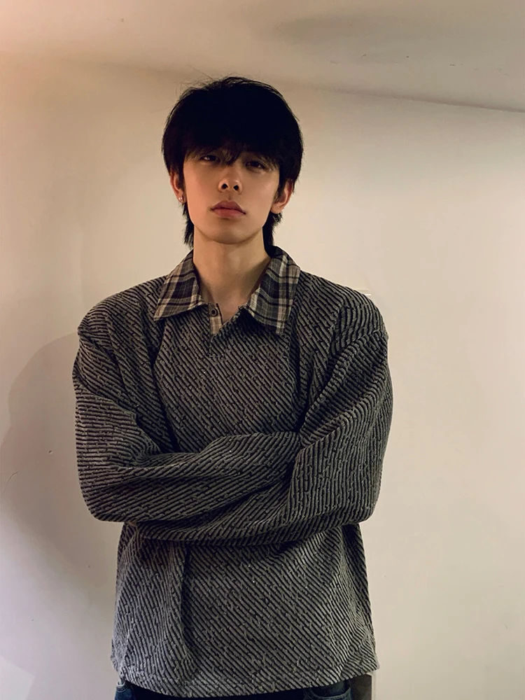 Silver Thread Men's Long Sleeve Shirt Collar T-Shirt Spring Base Layer Sweatshirt Heavyweight Elegant Style Outerwear