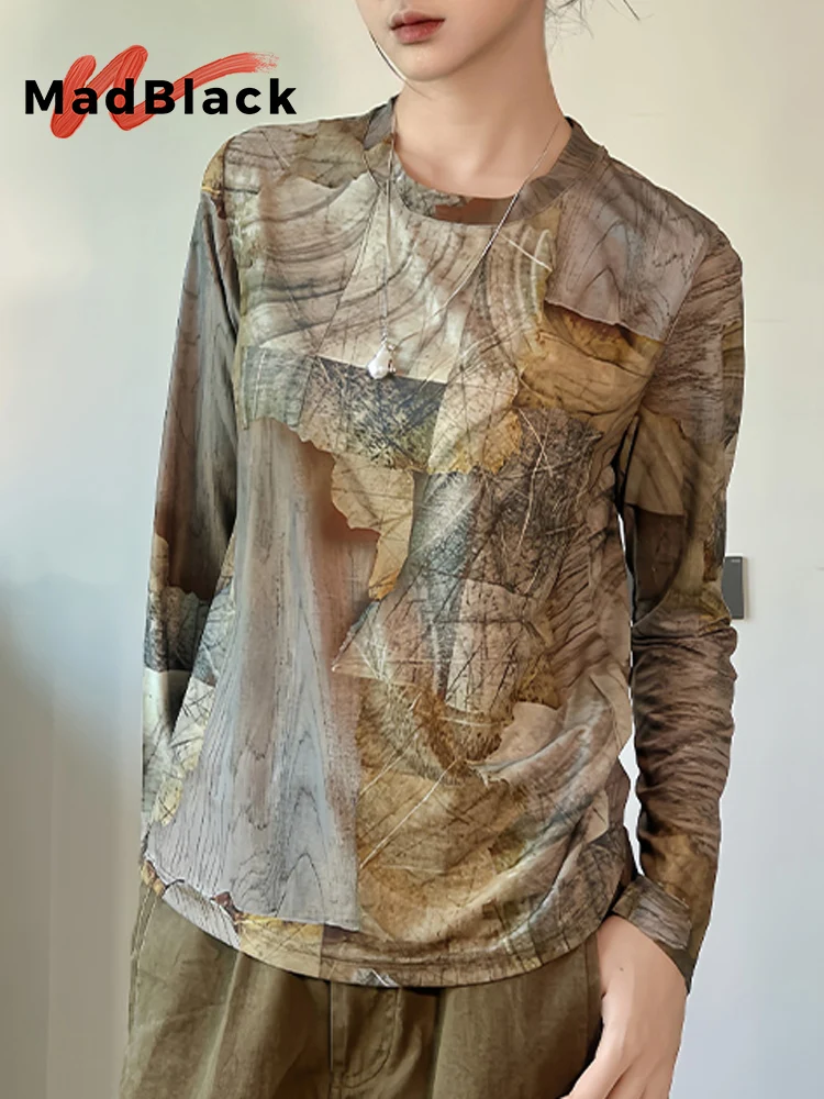 MadBlack-Women's European T-Shirt, Sexy O Neck Geometry Print, Fashion Long Sleeve Slim M-2XL Elastic Tee, 2025 Winter T5N605CC