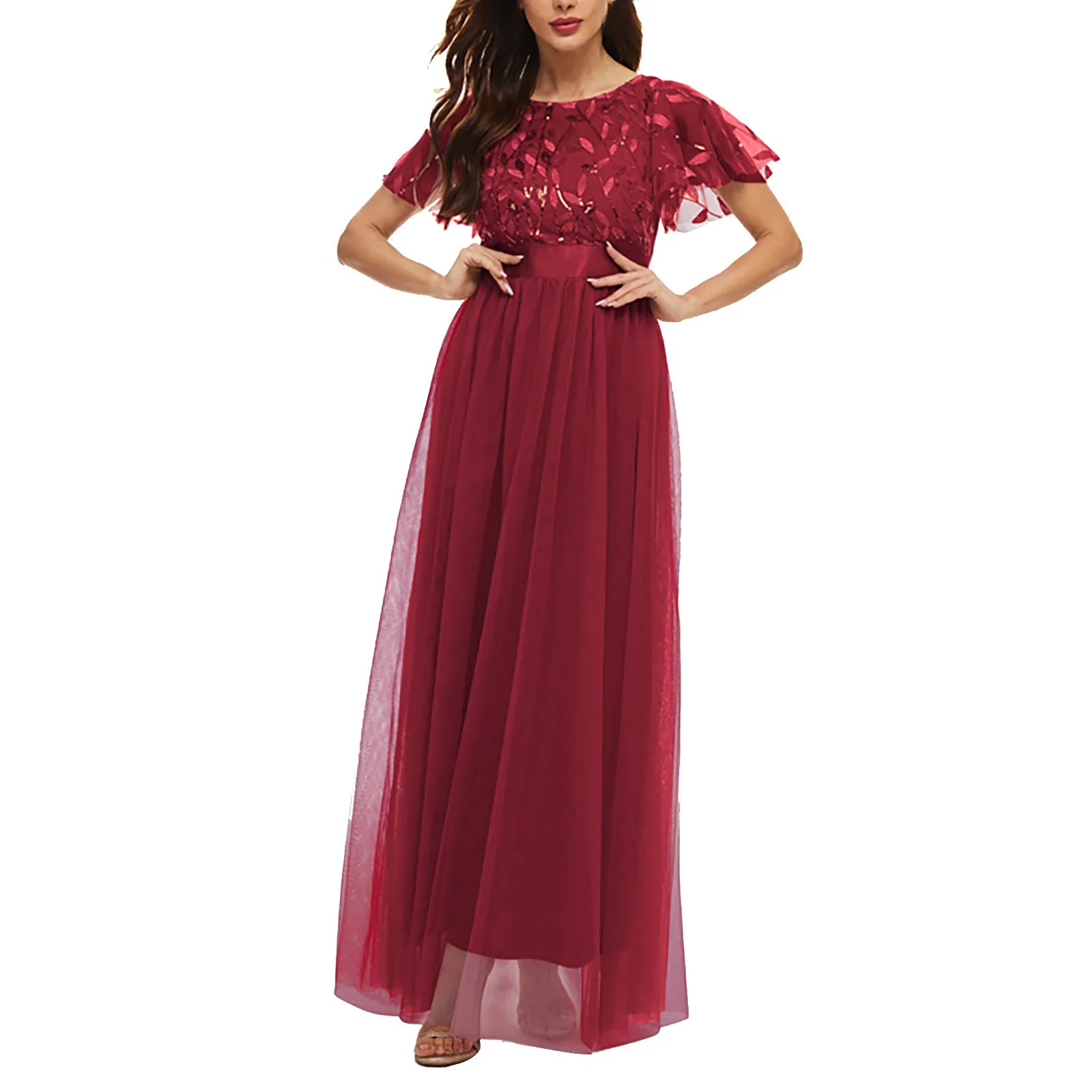 Women's Formal Dresses Solid Color Short Sleeve Lace Embroidery A-Line Maxi Dress Elegant Party Dresses For Women платья женское