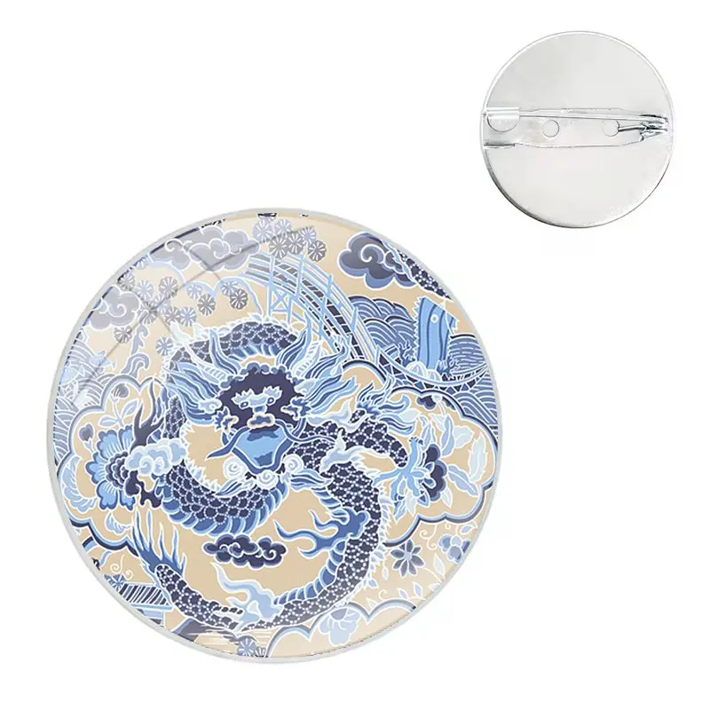 Imperial Dragon Blue Chinoiserie Pins Badge Metal Brooches For Clothes Backpack Decoration gift