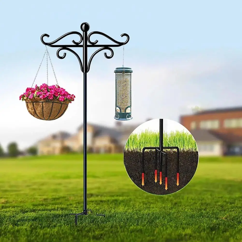 Patio Stand Stable Anti-rust Outdoor Garden Bird Feeder Hook Holder Flower Plant Basket Hanger Solar Light Lantern Pole Stand