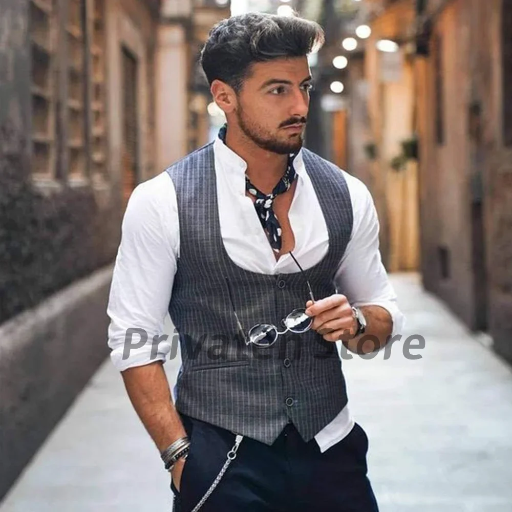 

Men Formal Vest Stripe Single Breasted U - Neck Slim Fit Fashion Waistcoat Fast shipping Male Clothing chaleco hombre vestir