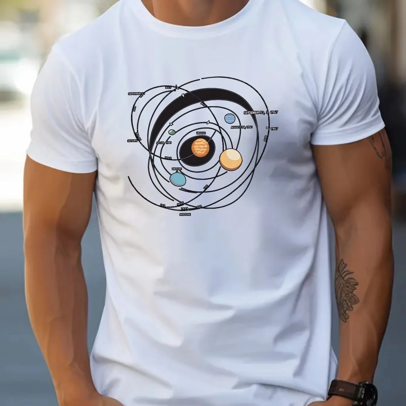 Universe Planets Print Cotton Short Sleeved Crew Neck T-shirt for Men Simple and Elegant T-Shirt, Spring and Summer Casual
