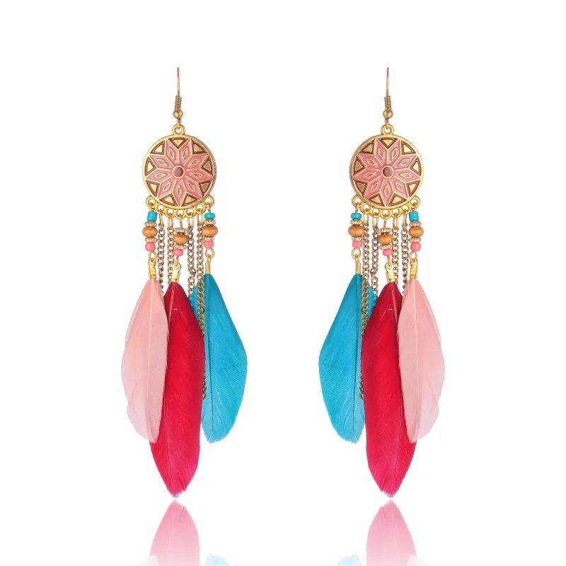 Böhmische lange Feder-Ohrringe für Frauen, klassische ethnische Retro-Temperament-Kette, Blatt-Perlen-Quasten-Ohrringe, Boho-Hochzeitsschmuck – Detail 27