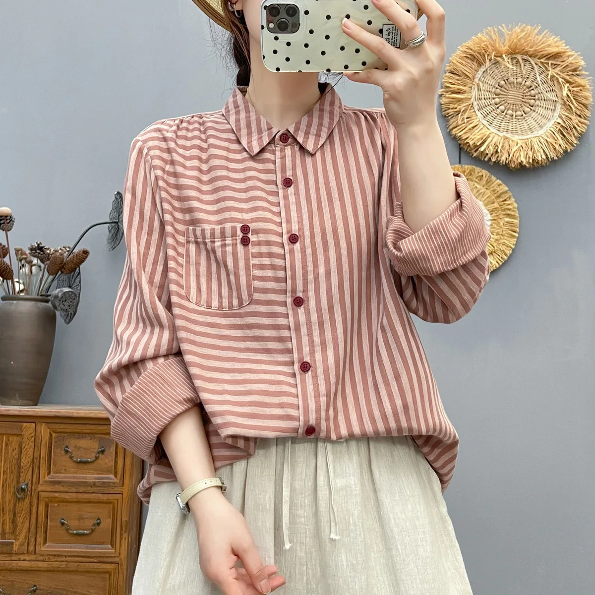 اليابانية خمر موري فتاة مخطط تي شيرتات قطن المرأة الخريف جديد رفض طوق كم طويل بلوزة فضفاضة غير رسمية بلايز