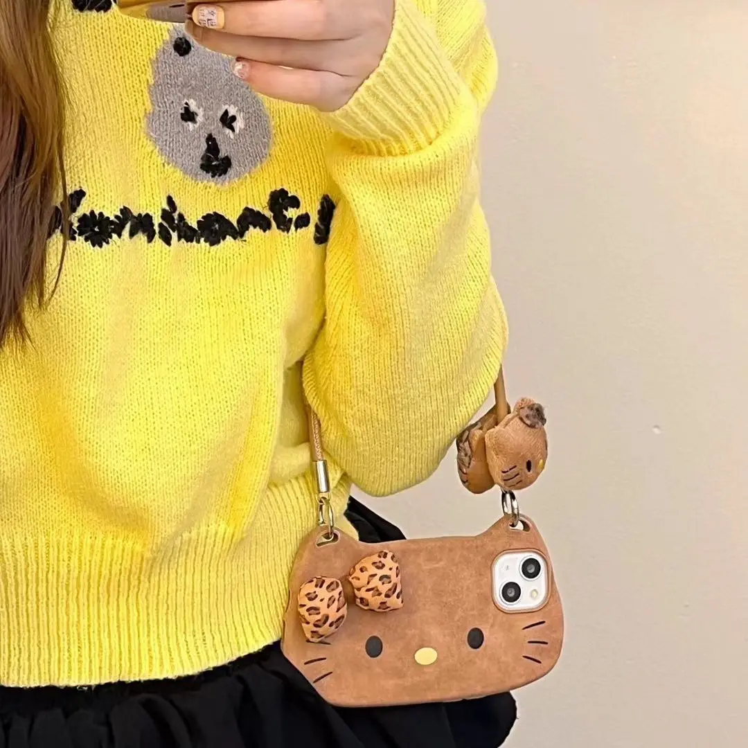 ليوبارد طباعة القوس مرحبا كيتي الجلود يده جراب هاتف آيفون 16 برو ماكس 15 برو 14 التغطية الكاملة الهاتف الغطاء الواقي