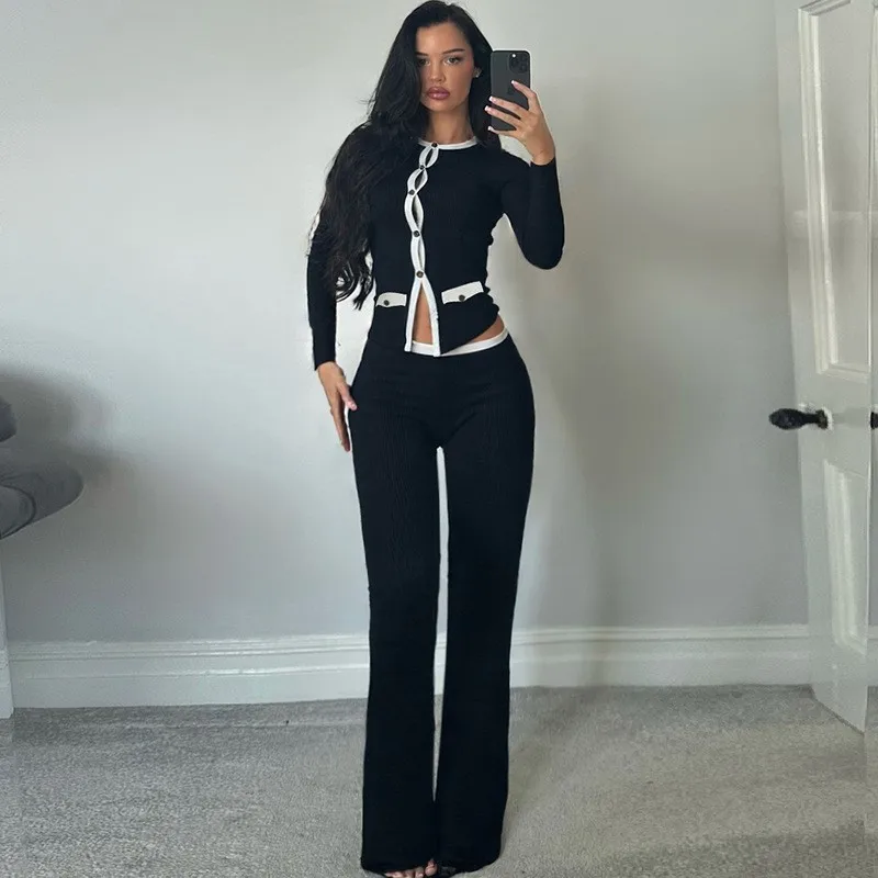 

Black Classic Trouser Suit 2025 Autumn New O-neck Long Sleeve Hollow Out Slim Fit Shirt + Long Pant Office Ladies 2 Piece Sets