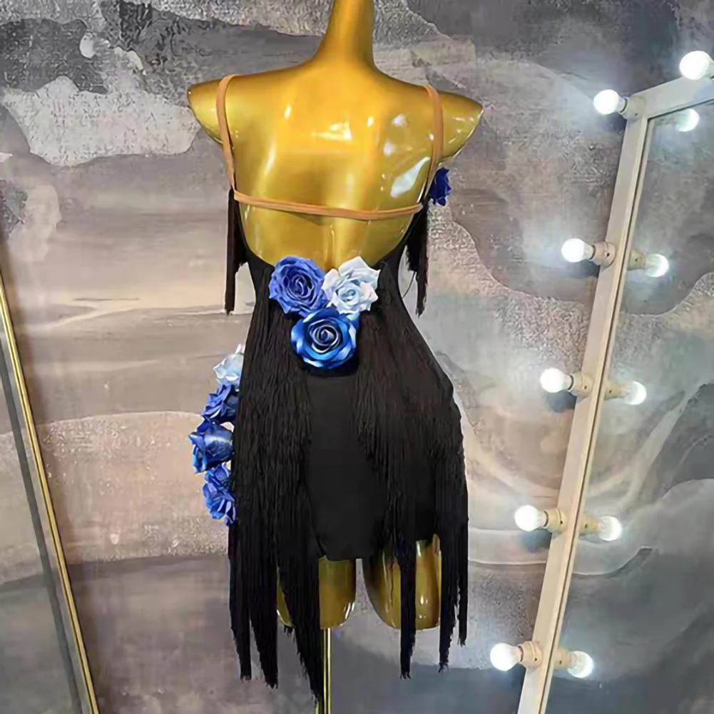 Meninas elegante high-end vestido de dança latina samba crianças cinta sem costas preto sem mangas borla desempenho dança flor vestido