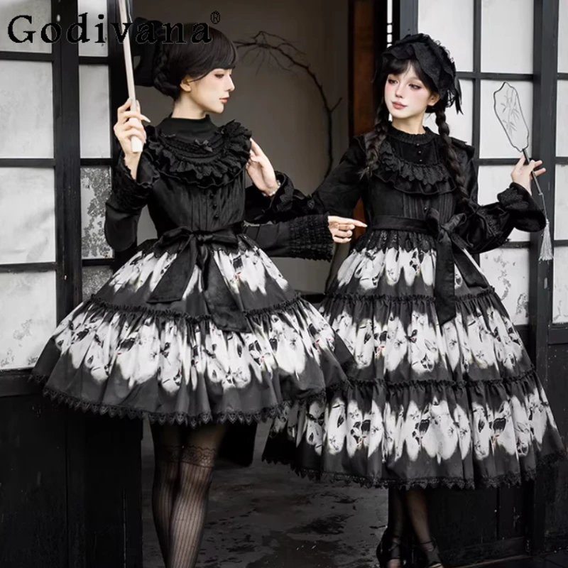 

Autumn Winter New Elegant Butterfly Print High Waist Big Swing Op Princess Dress Girl Versatile Age Reduction Jsk Cake Dresses