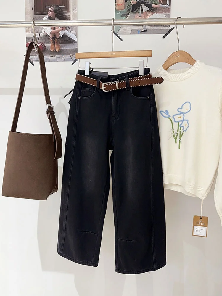 

Женские зимние джинсы с высокой талией и широкими штанинами в стиле ретро, свободные утягивающие универсальные прямые брюки с поясом