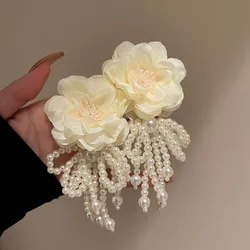 New Bohemian White Pink Big Cloth Flower Earrings for Women Statement Jewelry Handmade Pearl Bowknot Tassel Pendientes