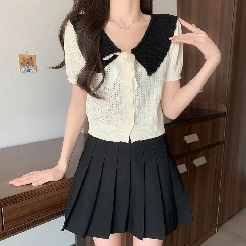 Peter Pan Collar Shirts Women Short-sleeved Hollow Out Knitted Cardigan Summer New Niche Thin Color Collision Short Tops Female