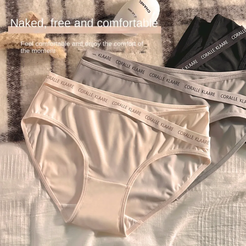 Elastic Letter Ice Silk Panties Ultra Thin Soft Middle Waist Briefs Cotton Crotch Japanese Style Seamless Lingerie Girls