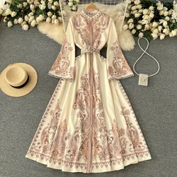 Spring Autumn Elegant Maxi Dresses for Women Boho Printed Flare Sleeve Button Female Party Evening Big Swing High Waist Luxury