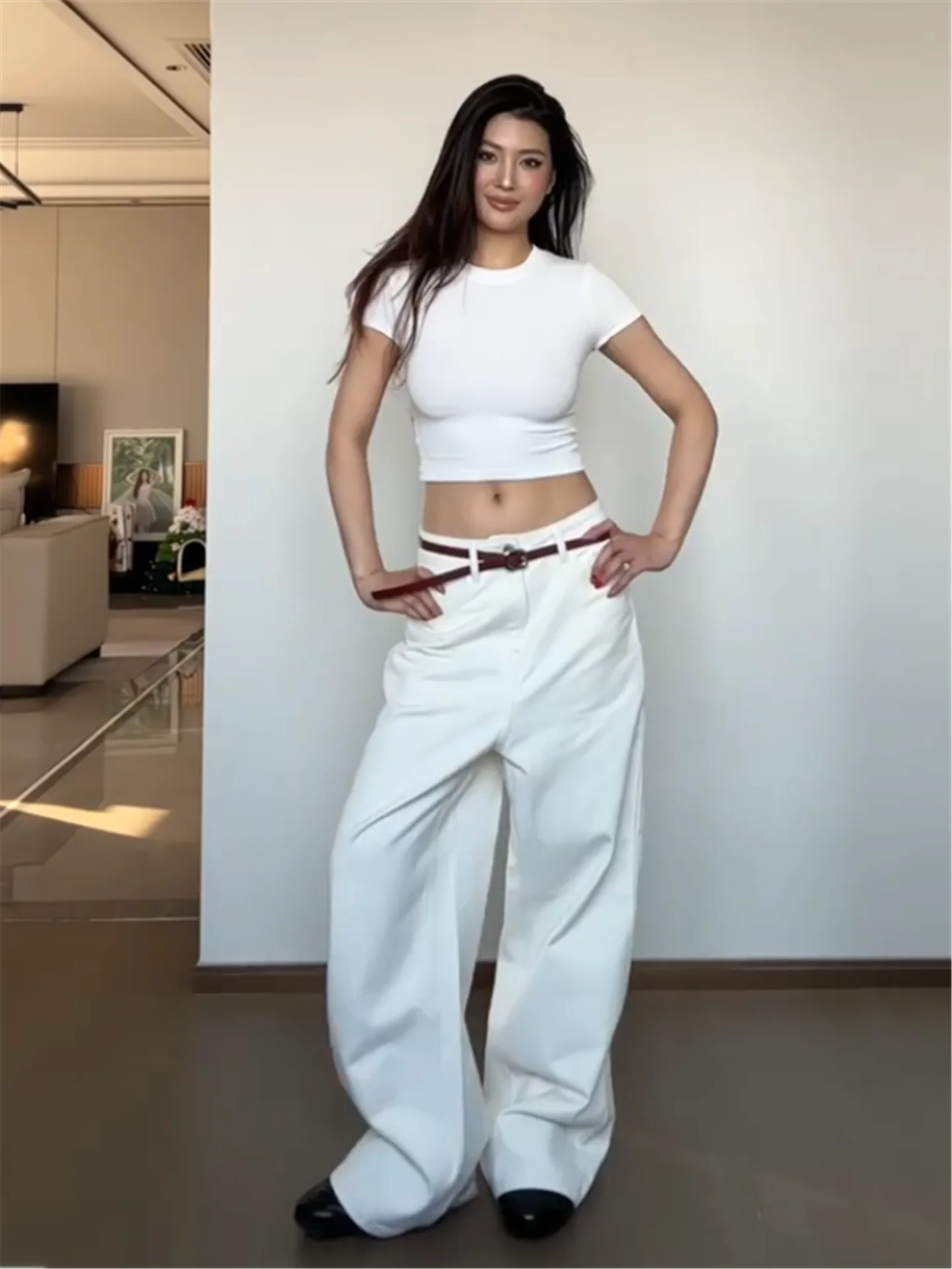 

Американские винтажные белые джинсы прямого кроя для женщин, свободные, утягивающие, с низкой талией, широкие, в пол, в стиле Spicy