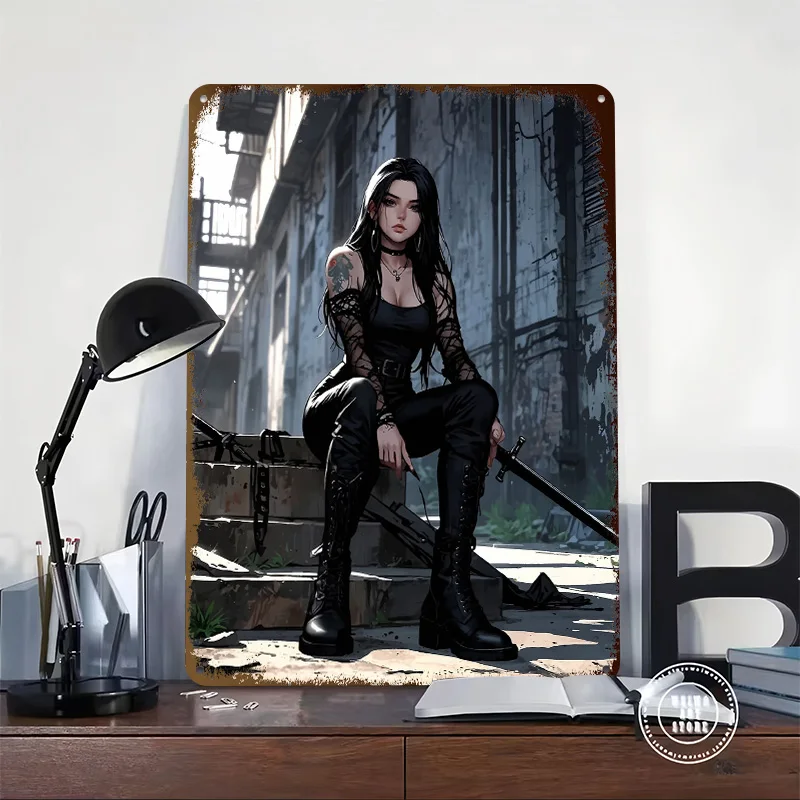 Dark Anime Girl With Sword Tinplate Poster Customized Wall Art Vintage Metal Signs Retro Plates for Room Accessories Interior