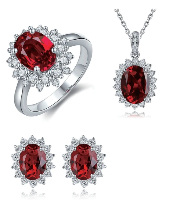 Vintage Bridal Set Ring Necklace Earrings Lab Grown Ruby Rhodium Plated Sterling 925 Silver Engagement Wedding Gift Idea for Her