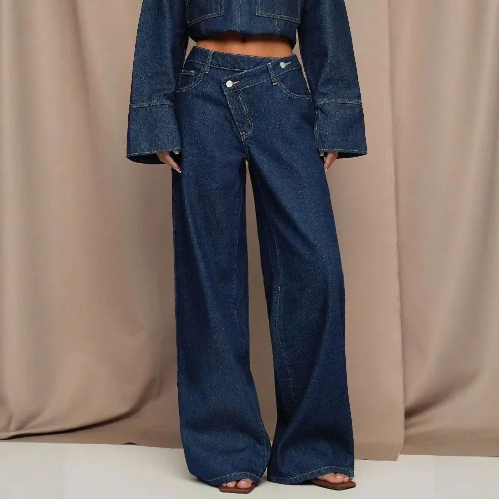 Women Asymmetrical Placket High Waist Straight Leg Jeans Vintage Raw Denim Washed Niche Design Ladies Daily Streetwear