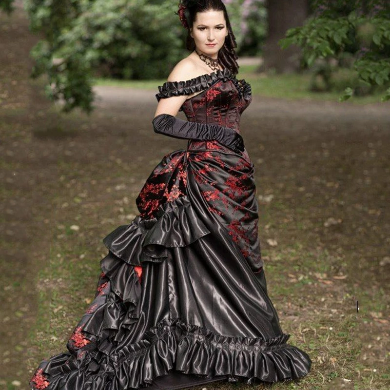 Gothic Black And Red Wedding Dress Victorian Bustle Bridal Gowns Lace Applique Ruched Ruffles Off Shoulder Customized Bride Wear