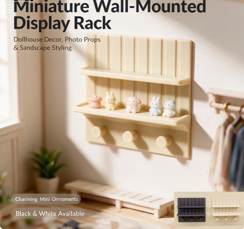 Dollhouse Mini Wall Mount Shelf Rack Simulated Miniature Storage Stand With Hooks for 1:12 Doll House Decor DIY Scene Projects