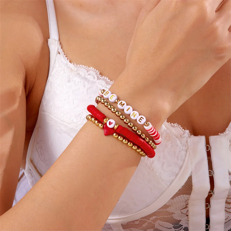 Red Polymer Clay Elastic Bracelet Love Letter Color Retro Valentine's Day Series Gift Jewelry Set