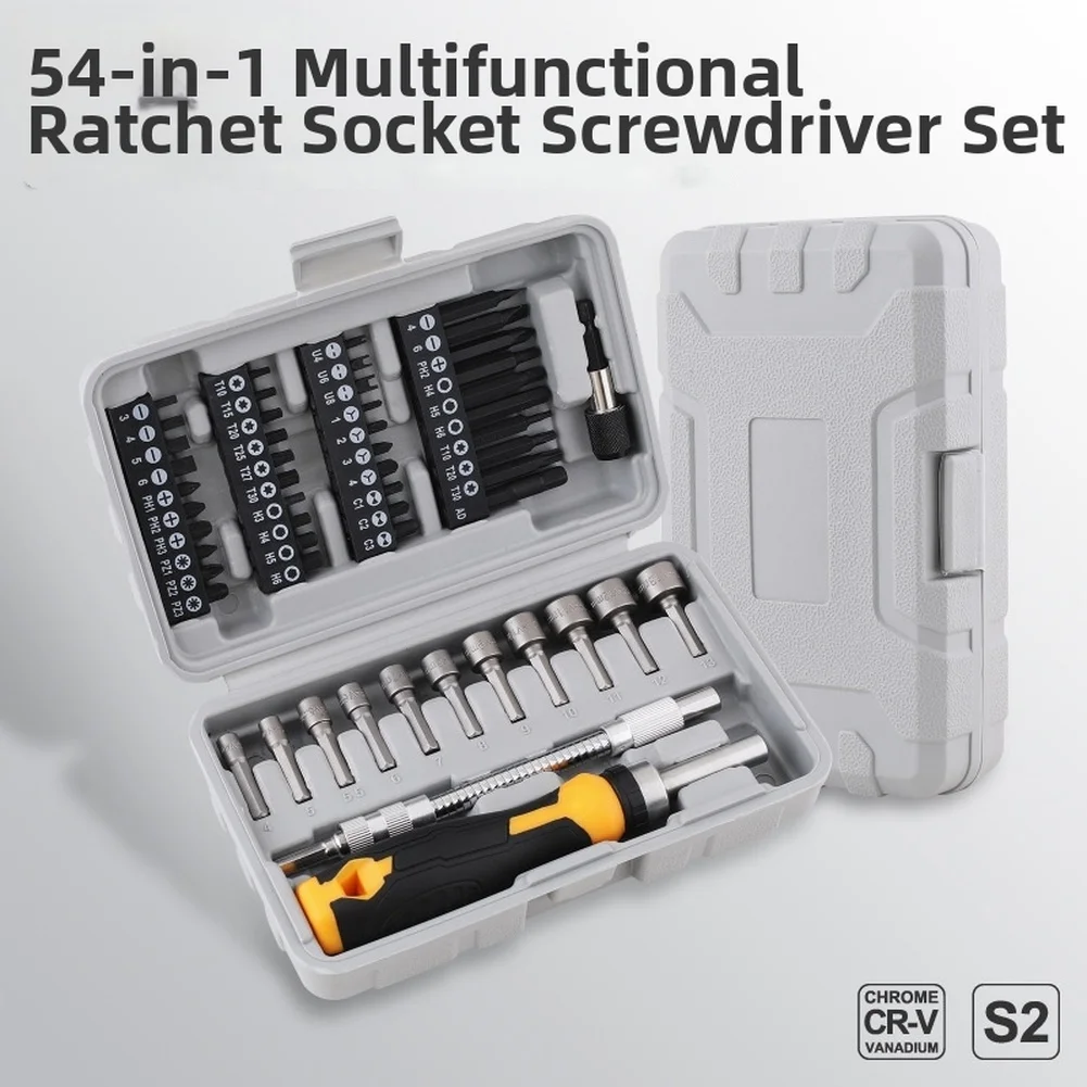 Chrome Vanadium 54-Piece Bit Set Includes Slotted PH H T U Y C and Socket Bits Flexible Shaft and Ratcheting Handle