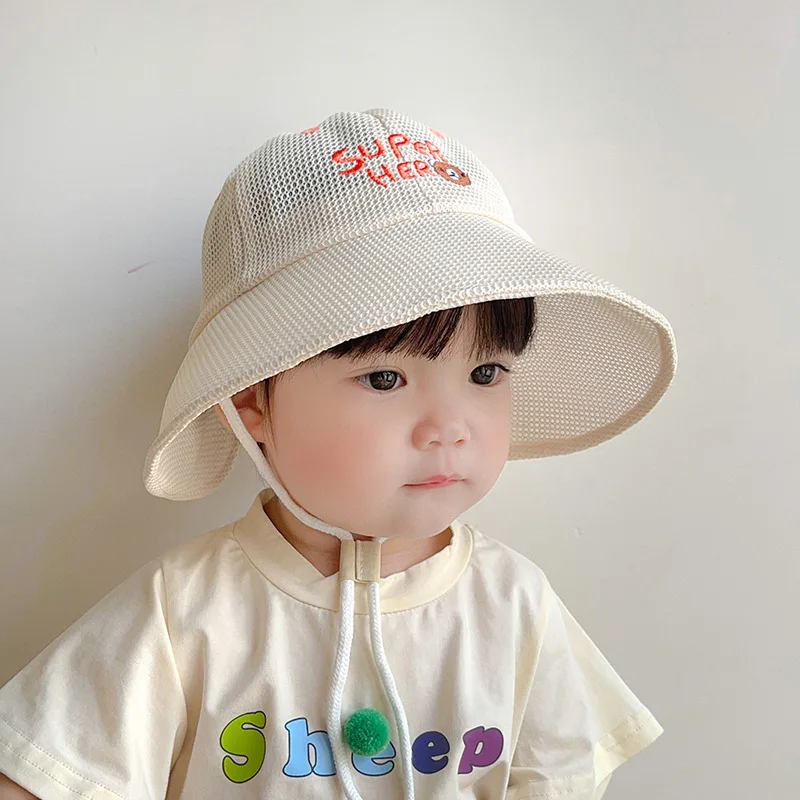 Cartoon Bear Baby Sun Hat Summer Mesh Cool Toddler Visors Large Brim Children Fisherman Cap Solid Color Boy Girl Kids Bonnet