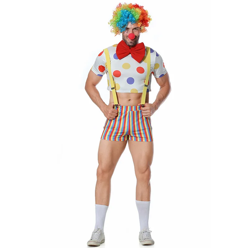 Palhaço engraçado uniforme de cosplay masculino, palhaço do circo, calças suspensas, estampa de ponto redondo, manga curta, peruca arco, nariz vermelho, fantasia de Halloween