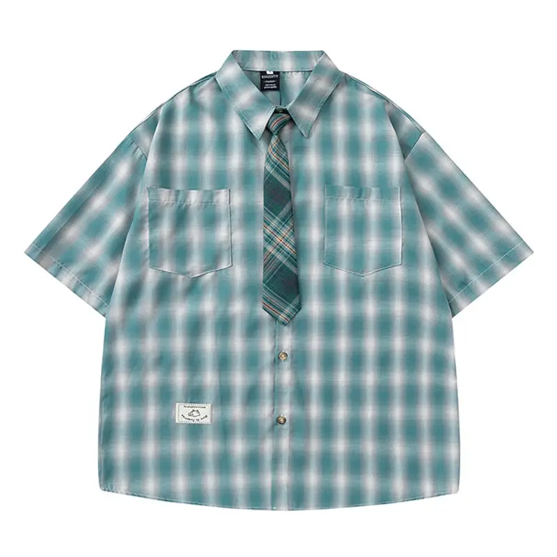BEIANJI American trendy brand gradual change plaid tie short-sleeved shirt men's summer commuter leisure college style shirt