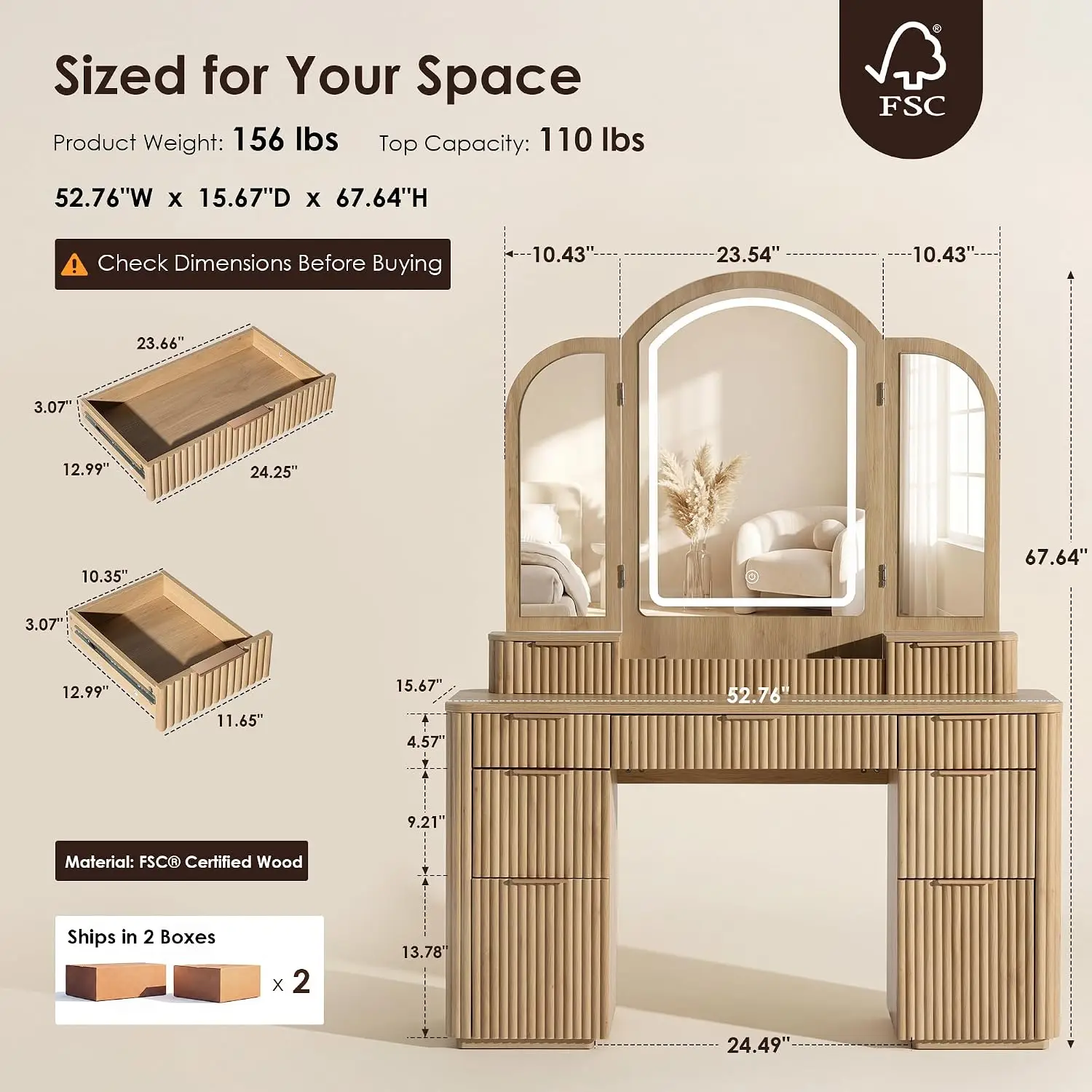 Vanity Desk with Trifold Mirrors, 52.76” Wide Makeup Vanity Table, Oak