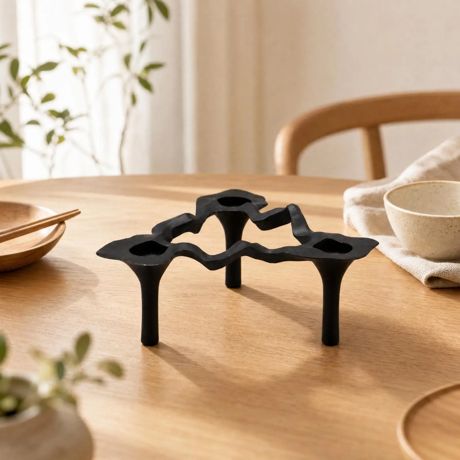 Triangular Metal Candlestick Holder Three Legged Low Profile Art Decor for Dining Table