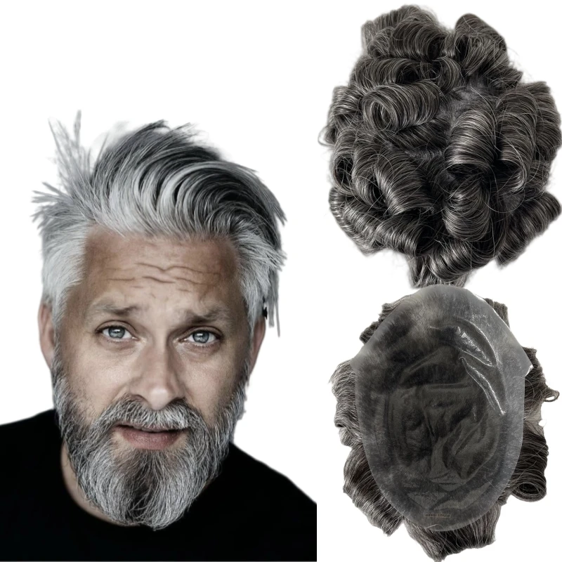 Indian Virgin Human Hair Replacement 1b40 Grey Toupee 8x10 Knots PU Unit for Old Men