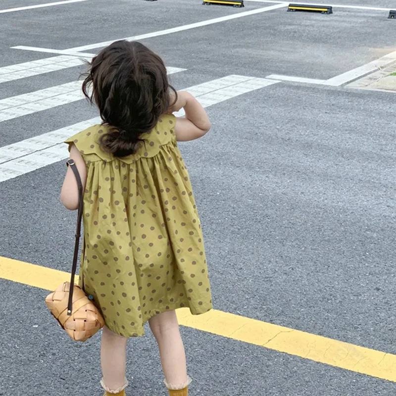 Children's Sleeveless Dress 2023 Summer New Girls' Dot Print Polo Collar Dress Korean Cotton Single Breasted Tank Top Dress