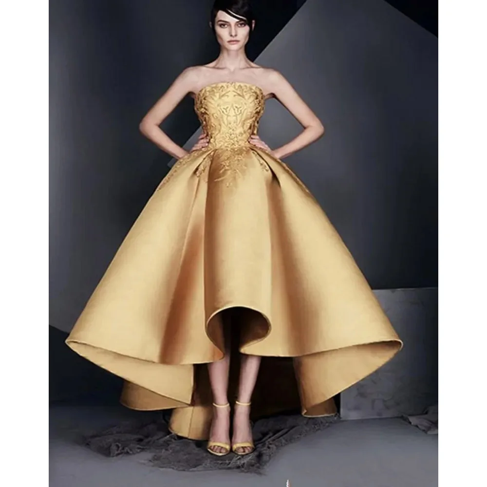 Kadisua Luxury Golden Evening Dress A-Line Pleat Strapless Sleeveless High/Low Appliques Formal Occasion Elegant Women Vestidos