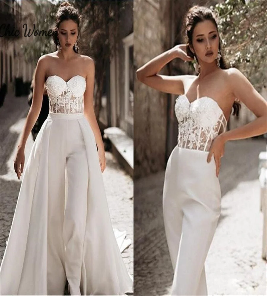 

Gatsby Boho Jumpsuit Wedding Dress With Removable Skirt 2 In 1 Top Lace Pant Bohemian Bridal Dress 2025 Arabic Dubai Luxe Bride