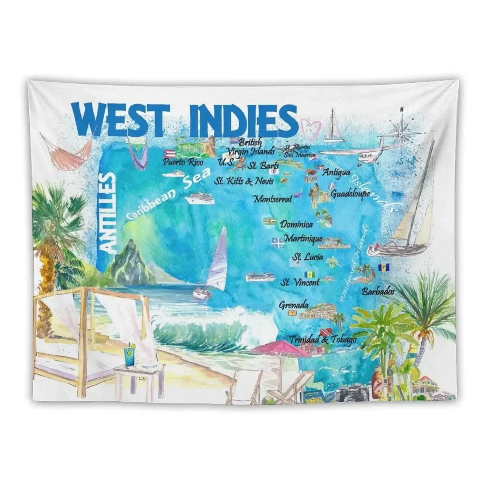 

West Indies Illustrated Travel Map with Leeward and Windward Antilles Tapestry For Bedroom Korean Room Decor Tapestry