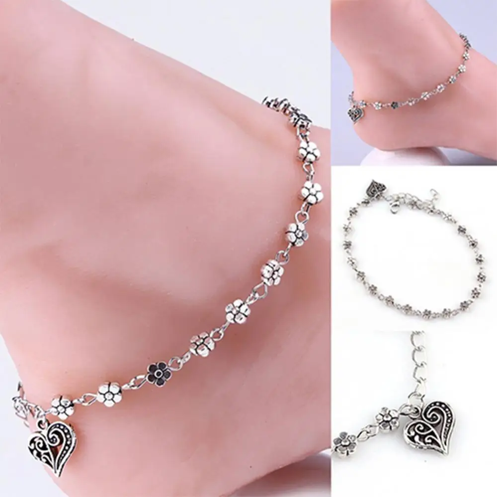 Women's Retro Heart Flowers Barefoot Sandal Beach Anklet Chain Foot Jewelry Anklets For Women Bracelet Ankle On Leg