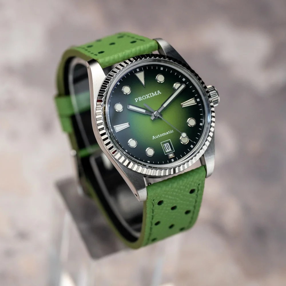 Proxima PX1750 Men Watch 37mm Fashion Enamel Dial Business Sapphire Automatic Mechanical Carving Fluted Bezel 10Bar
