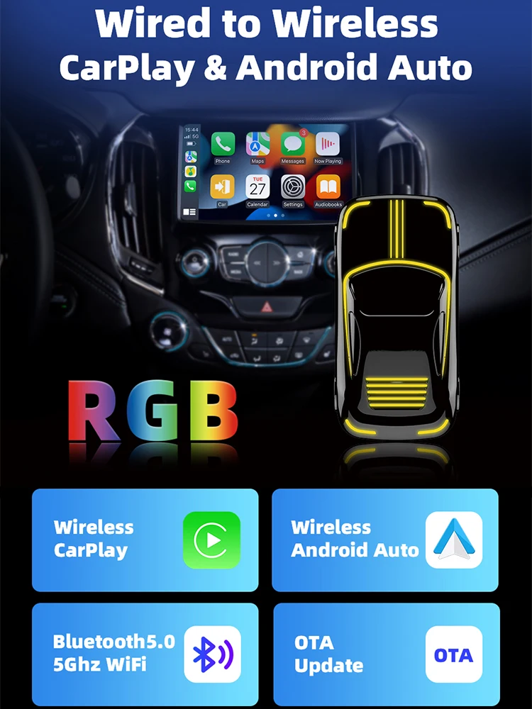 EKIY 2w1 Bezprzewodowy klucz CarPlay Bezprzewodowy adapter Android Auto AI Smart Box Samochodowe inteligentne systemy do samochodu z przewodowym CarPlay — zdjęcie 2
