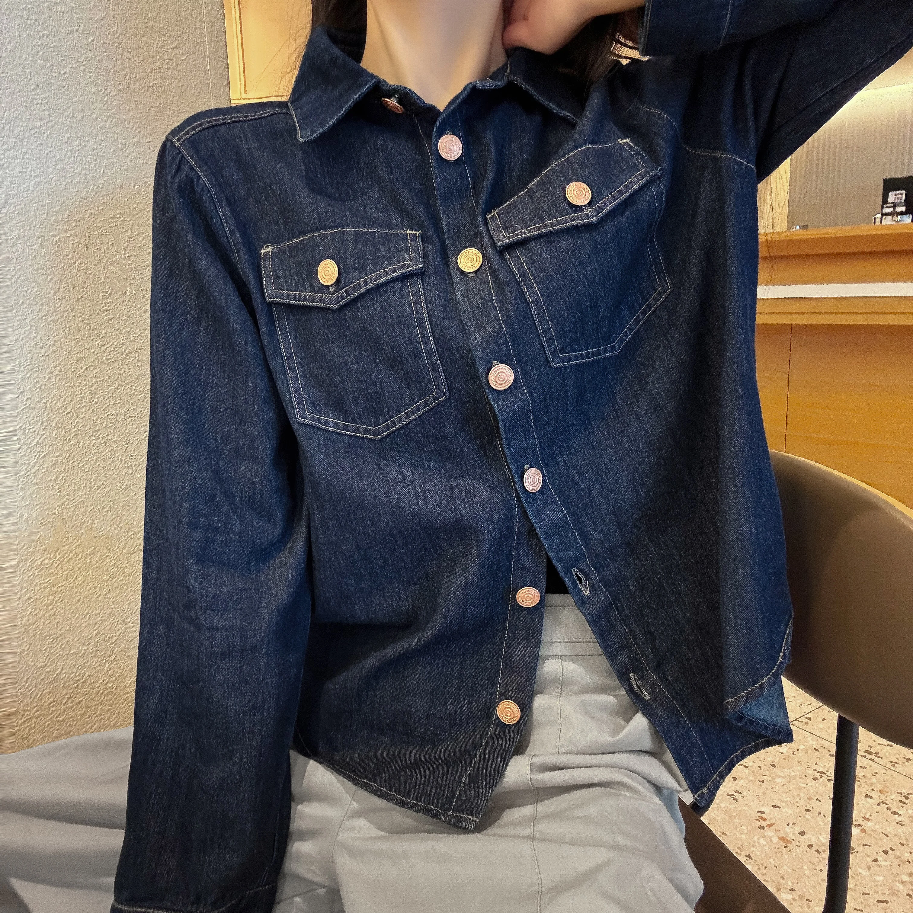 New Spring Autumn Deep Blue Lapel Collar Denim Shirt For Women Single-Breasted Buttons Long Sleeve Loose Blouses Femme Tops