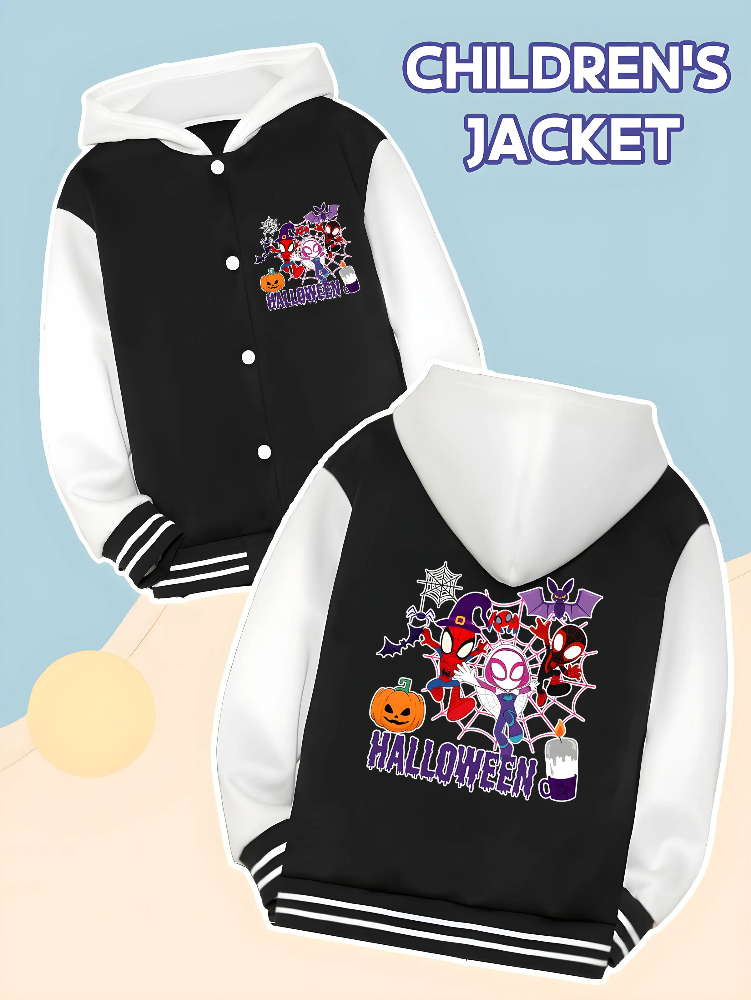 

MINISO Marvel Spider-Man Halloween Collection Boys' Baseball Jacket - Halloween-themed prints featuring Spider-Man and other cha